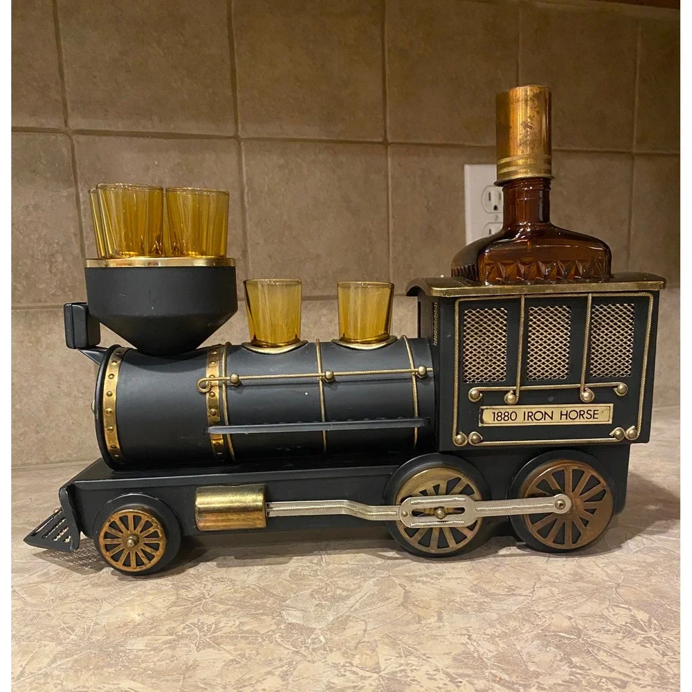 VTG‎ 1880 Iron Horse Train Decanter Amber Glass Shot Glasses Barware 7pc WORKS